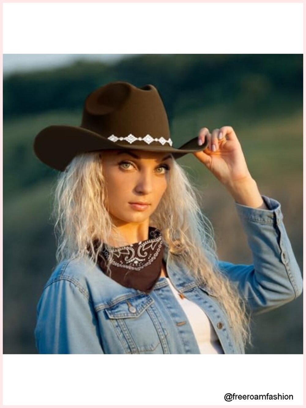 Western Cowgirl Hat Wide Brim Rhinestone Felt Cowboy Hat with Bandana and - Picture 4 of 6